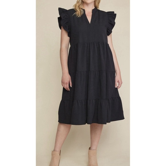 Entro Black Tiered Midi Dress Ruffle Sleeves Lined Lightweight Casual SZ Med - Picture 1 of 9